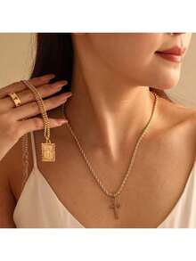 时尚夸张风格嘻哈首饰套装，2 件不锈钢十字架吊坠项链，配 1 件十字架金戒指套装 - 3pcs - 查看 6