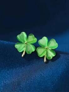 1 Pair Four-Leaf Clover Earrings For Women, Summer Cat Eye Stone Earrings, New Unique High-End Earrings, Elegant - Green - View 2
