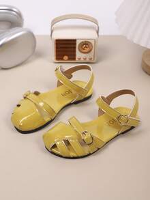 儿童时尚户外凉鞋夏季方头平底鞋系带凉鞋新款女童鞋时尚沙滩拖鞋 - 黃色 - 查看 2
