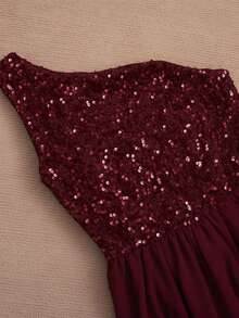 HOMEYEE 女士亮片网纱拼接性感开衩休闲度假优雅晚礼服，长款紧身派对礼服，适合春季婚礼穿着 - 酒紅色 - 查看 4