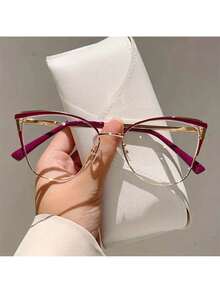 1 Pair Of Women's New Cat Eye Shaped Flat Glasses Fashionable Light Luxury Metal Frame  Retro Pink Glasses - 紅金色 - 查看 9