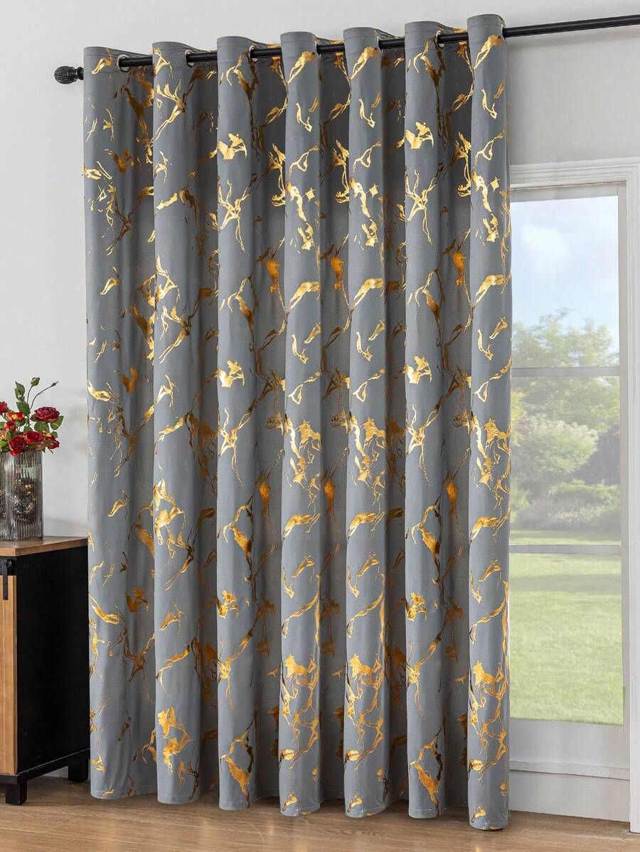 1pc Super Soft Grey Velvet Blackout Curtain, Holiday Atmosphere Decor For Living Room, Bedroom, Party, Celebration With Golden Marble Pattern - Grey - View 1