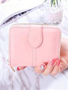 Short Portable Tri-Fold Wallet, PU Women's Multi-Functional Wallet Zipper Large Capacity Coin Purse, Document Storage Bag Women's Oil Wax Leather Retro Coin Purse Simple Buckle Coin Bag Girls' Small Wallet - White - View 10