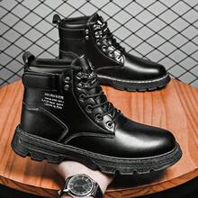 Trending Mid-Calf Boots, Casual Versatile Workwear Men's Shoes With Metal Eyelets And Lace-Up Closure, British Style - Black - View 3