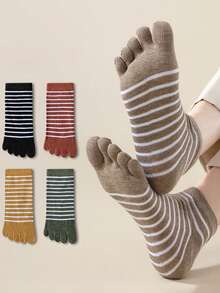 5 Pairs Women's Thick Warm Striped Toe Socks - Multicolor - View 1