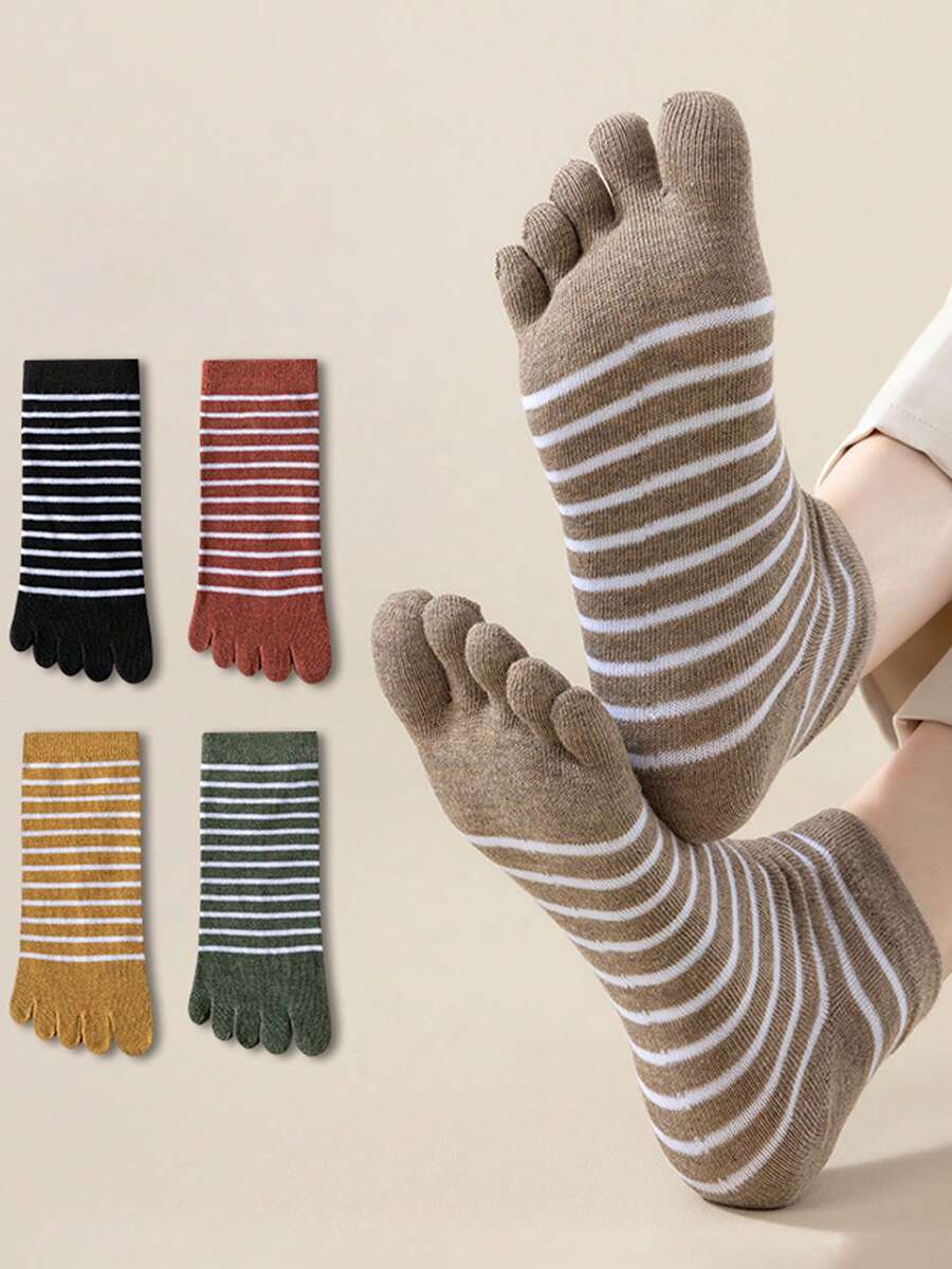 5 Pairs Women's Thick Warm Striped Toe Socks - Multicolor - View 1