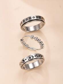 3pcs Fashionable Stainless Steel Rotatable Rings With Star & Moon/Silver Bead Design, Matching Daily Outfit Fidget Jewelry