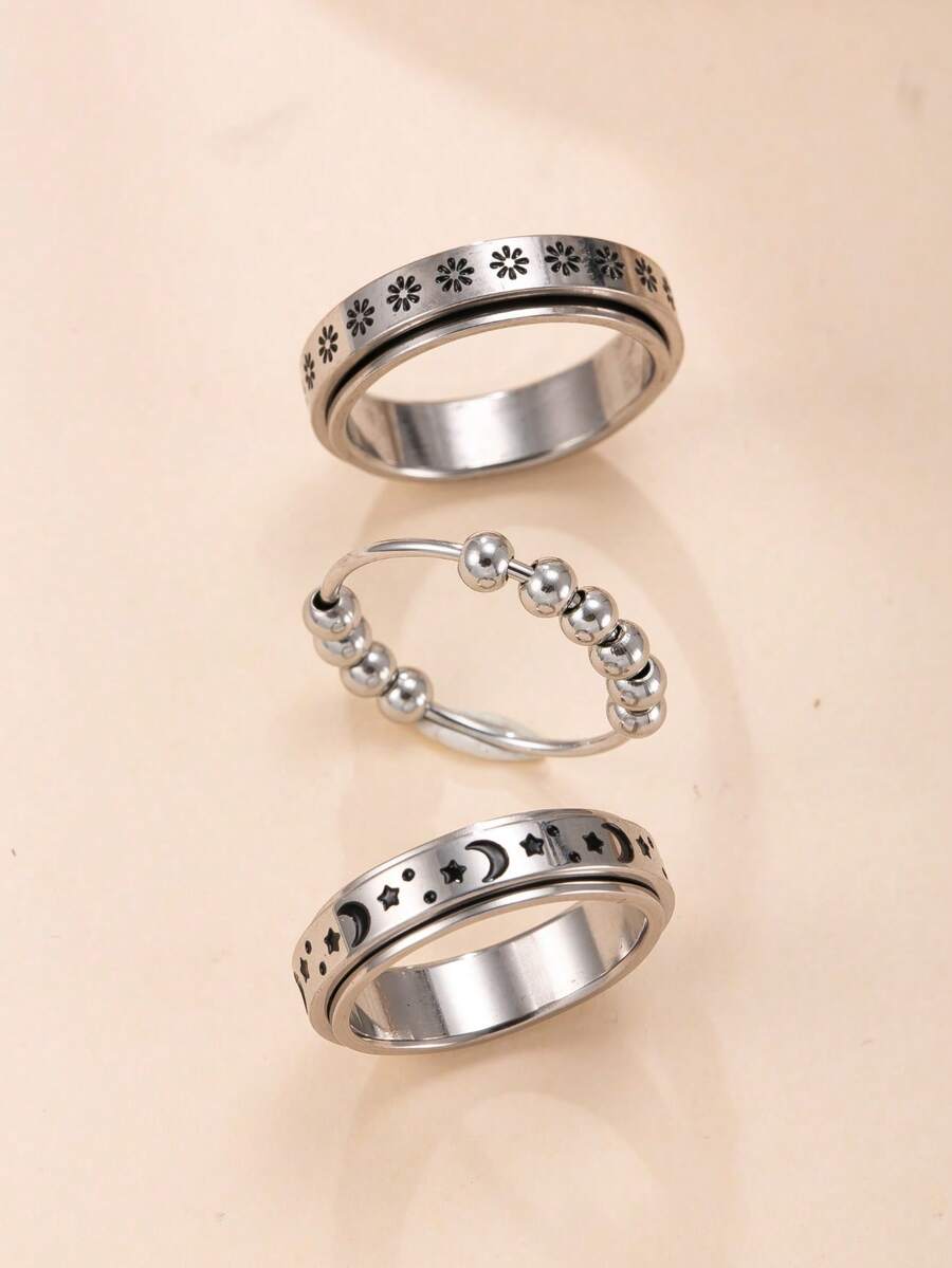 3pcs Fashionable Stainless Steel Rotatable Rings With Star & Moon/Silver Bead Design, Matching Daily Outfit Fidget Jewelry