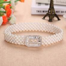 Rhinestone Pearl Waist Chain Ladies Simple Versatile Decorative Elastic Pearl Belt Girls Ins Sweet Fashion Elastic Waist Seal - 白k 扣 - 查看 2