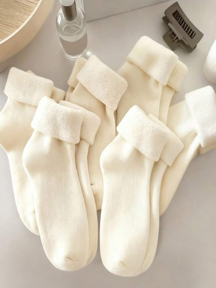 6 Pairs Women's Solid Ivory Thick Warm Casual Wool Blend Mid-Calf Socks, Winter - Apricot - View 9