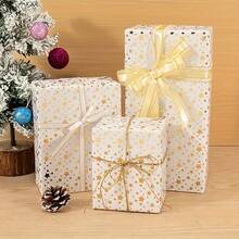 1卷金色星形图案包装纸 - 43.18厘米 x 9.8英尺 白色礼品包装纸，饰有闪亮金色星星，适用于圣诞节、婚礼、生日、派对、节日礼物 | 星形图案纸 | 光滑质感纸，圣诞包装纸 - 金色星星 - 查看 5