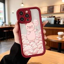 Funda de telefono con borde negro para iPhone 14 Pro Max funda rosa con estampado de cerdito caricatura sosteniendo algodón de azúcar sobre nubes suaves funda protectora para uso diario en cafeterías y salas de estar Aplicable a los teléfonos de la serie Apple y Galaxy - Negro - Ver 5