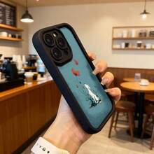 Funda de telefono con borde protector color azul oscuro con estampado de perro blanco y flores rojas para uso diario en cafeterias y espacios urbanos Aplicable a los teléfonos de la serie Apple y Galaxy - Burdeos - Ver 6