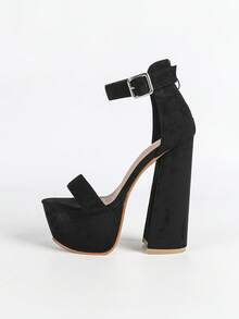 Sandalias de tacón alto de ante negro con correa, tacón grueso con plataforma, hebilla de metal y cremallera trasera - Negro - Ver 6