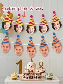 7/14/21 Personalized Custom Birthday Hat Banners, Customized Photo Printing Birthday Hat Banners, Customized Facial Photo Atmosphere Decoration Banners Banners, Essential Decorations For Birthday Parties, Creative Custom Birthday Supplies, Suitable For Children, Adults, Boyfriends, Family Birthday Parties, Holiday Celebrations, Surprise Party Decoration Gifts, Customized Personalized Party Banners - Rose Red - View 9