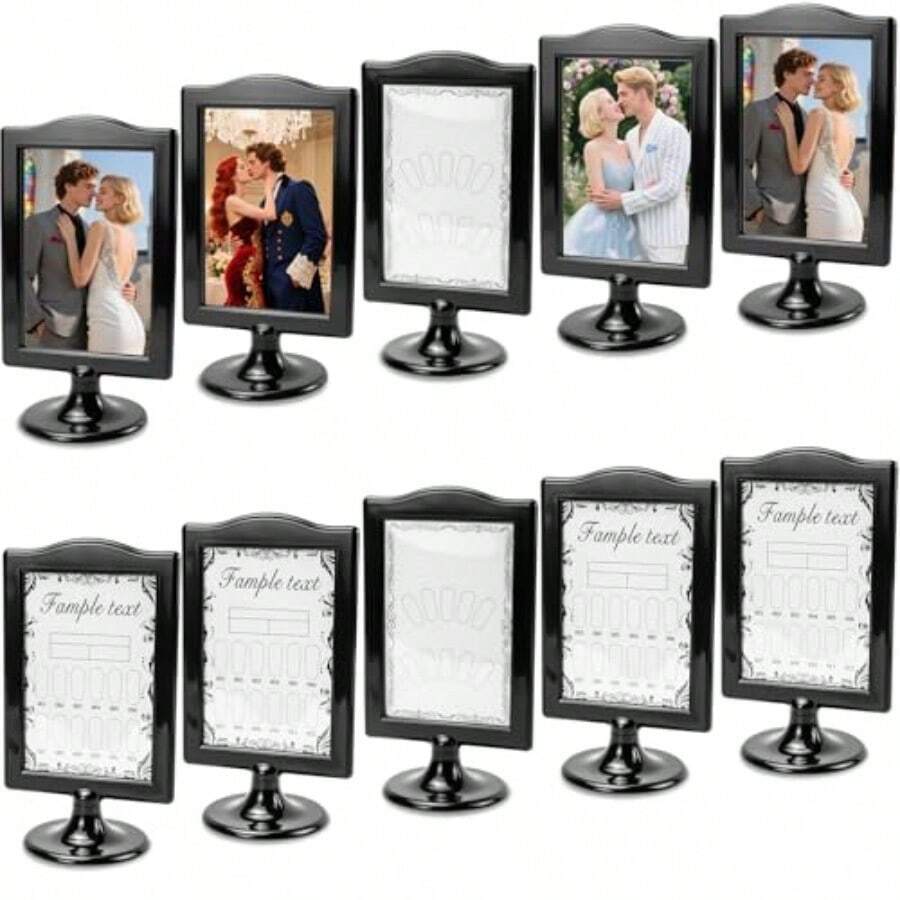 paquete de 10 marcos de fotos de doble cara de 3.6 X 5.4 pulgadas, de plástico, con base para exhibición, negros, a granel para menú de boda y decoración de mesa - Negro - Ver 1