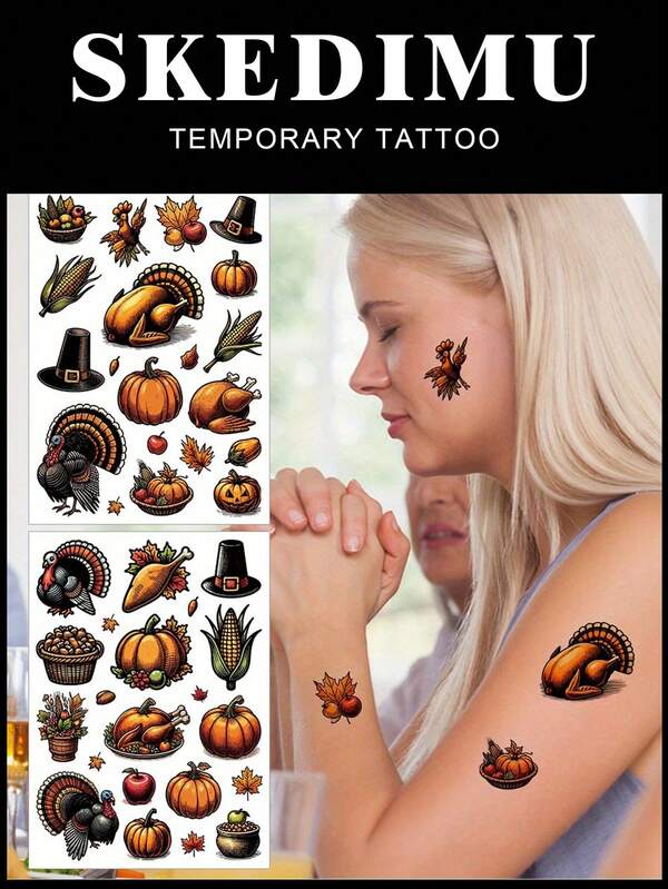 2 tatuagens temporárias de Ação de Graças, decoração e suprimentos para festa de Ação de Graças, adesivos de tatuagem falsa à prova d'água e de longa duração, arte corporal, tamanho: 15x21cm