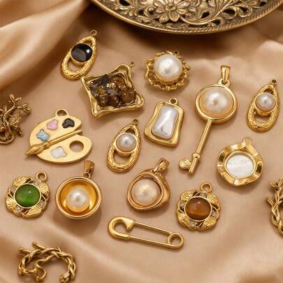 1 adet Paslanmaz Çelik 18 Ayar Altın Kaplama Minimalist Charm Tahtası, İğne, Oval Kabuk, Sahte İnci Kolye DIY Takı Kolye Küpe Yapım Seti Günlük Kullanıma Uygun Paslanmaz Çelik Kolye