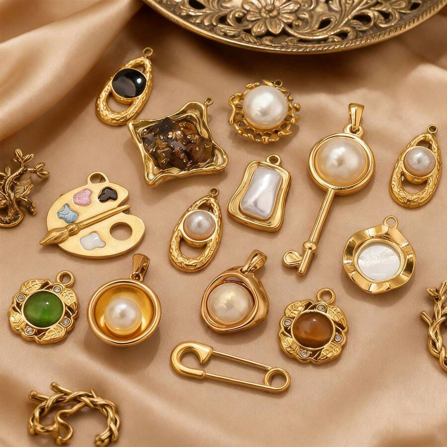 1件套不锈钢18K镀金极简风饰品板、别针、椭圆贝壳、仿珍珠吊坠DIY首饰项链耳环制作套装，适合日常佩戴，不锈钢吊坠 - 吊墜14 - 查看 1