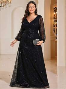 EVERPRETTY Váy dạ hội tay dài cổ chữ V đính sequin thanh lịch cỡ lớn dành cho nữ, màu đen, váy dự tiệc cưới mùa đông, váy dự tiệc tốt nghiệp, váy dự tiệc tối, váy đi nghỉ - màu đen - Xem 7