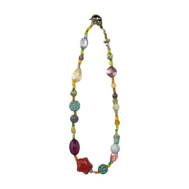 Colorful Glass Beaded Star Necklace -  Dopamine New Chinese Retro, 2025  Unique Collar Chain, Elegant Neck Jewelry For Women's Party Daily Looks - 多巴胺串珠星星項鍊 - 查看 4