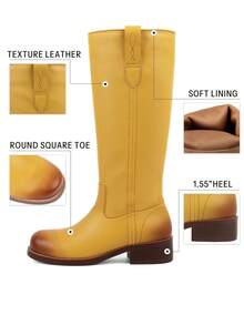 Women's Campus Knee High Boots Square Toe Riding Boots Vintage Pull On Riding Boots Wide Calf Boots Chunky Block Low Heel Motorcycle Boots - Yellow - View 4