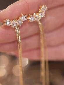 1 Pair Sparkling Star Tassel Earrings, Luxury Fully Paved Long Earrings For Women, Shiny Party & Evening Fairy Style Accessory