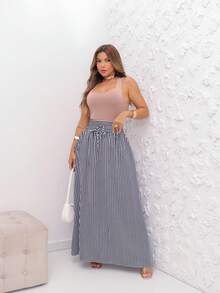 AMY FASHION LONG STRIPED SKIRT WITH SLIT AND THICK WAIST BAG FASHION 2025 - Black - View 8