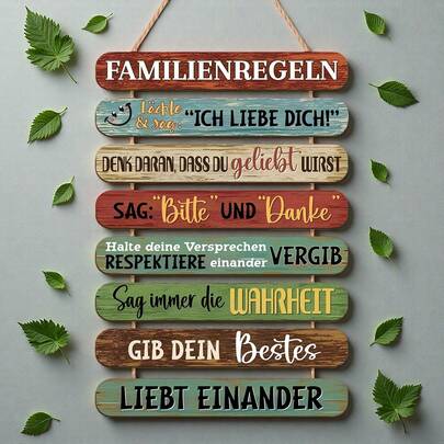 1pc Rustic Modern Artificial Wood Wall Art With Family Rules Quotes In English & German - Colorful Motivational Sign For Home & Office Decor, Easy To Hang Rope Wrap Hanging Picture, Irregular Shape Decorative Plaque, Wood Wall Decor, Vibrant Quote Artwork, Room Decoration, Durable Material, Interior Designers