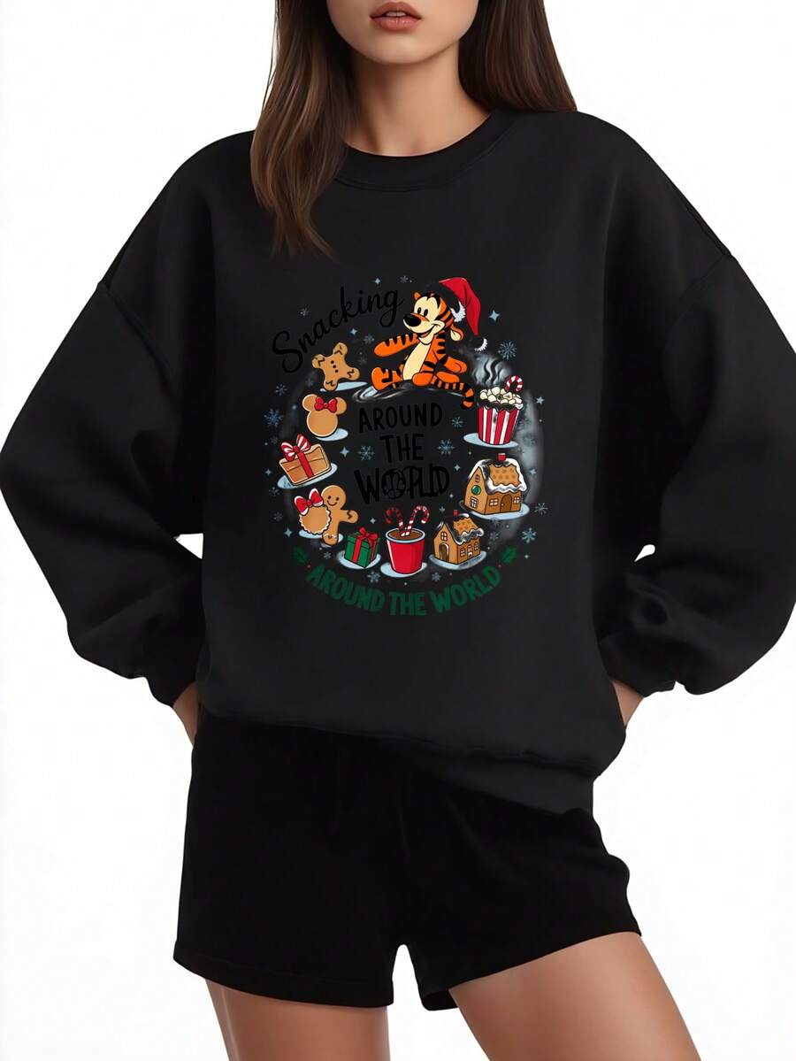 Disney Christmas Sweatshirt Black Mickey Mouse Snacking Around The World Holiday Cartoon Print Women's Casual Winter Top - 黑色 - 查看 1