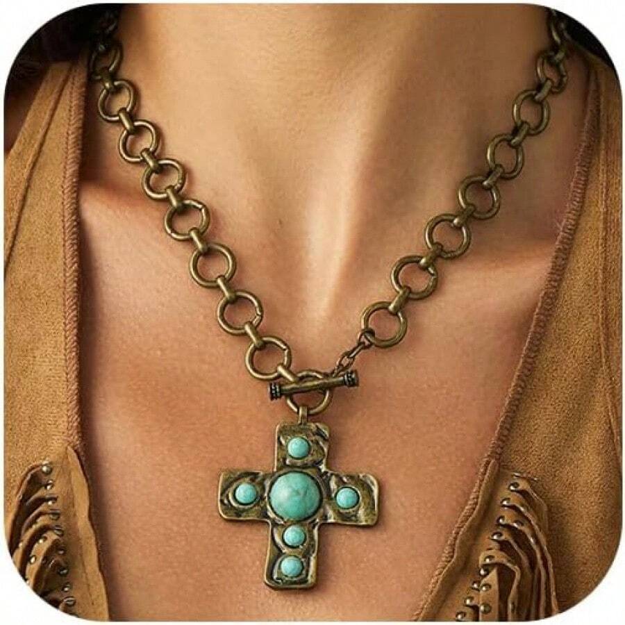 Boho Chunky Gold Turquoise Pendant Necklace Women Vintage Country Western Choker Unique Statement Jewelry Accessories - 棕色 - 查看 1