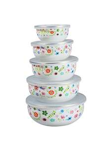 5件套彩色搪瓷密封保鲜盒，容量分别为10/12/14/16/18克，适用于水果蔬菜的食品储存碗，圆形盖子，可重复使用，时尚搪瓷汤/沙拉碗，适合学校、露营、野餐、办公室等场合。