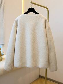 Exclusive For Fashionable Women In Autumn And Winter! Soft Beige Fleece Round - Neck Cardigan. Pocket And Button Details, A Warm Item Suitable For Daily And Party Occasions - Apricot - View 3