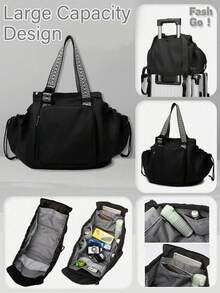 1 pieza Bolso multifuncional para mamá, bolso tote de gran capacidad & mochila, estilo unisex, esencial para uso diario, compras y viajes, Nota: El color de la correa del hombro es aleatorio - Negro - Ver 2