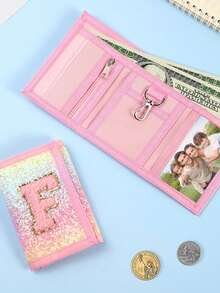 1个粉色字母刺绣钱包，时尚亮片钱包，帆布折叠零钱包，采用耐用涤纶面料，带拉链口袋和魔术贴封口，适合日常使用和节日送礼。 - 彩色 - 查看 4