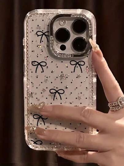 1 pieza Funda de teléfono con cobertura completa, con lazo de strass, lunares y estrellas, de lujo y brillante, compatible con iPhone 17, 17 Air, 17 Pro, 17 Pro Max, 16/15/14/Pro Max/13, adecuada como regalo de Navidad