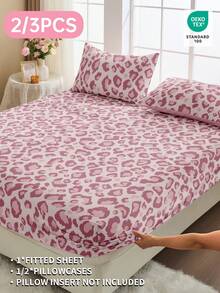 2/3-teiliges Spannbetttuch Set, Bettwäsche, Matratzenschoner, Bettüberwurf, Bettlaken, Heimdekoration, gemütliche Heimtextilien, atmungsaktiver und pillingresistenter Matratzenschoner, weich und hautfreundlich, weiche und bequeme Bettwäsche für das Schlafzimmer, modischer Matratzenbezug, komplett abdeckender Matratzenschoner, rosa Basis mit Leoparden-Muster