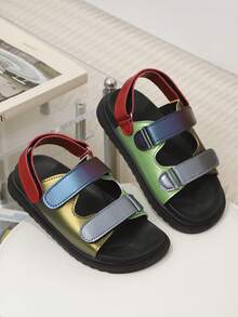 1 Pair Candy Color Thick Sole Hook & Loop Beach Sandals, Kids Open Toe Sandals, Baby Soft Bottom Shoes, Color Block Hook & Loop Decor, PU Material, Easy To Match Flat Heel, Outdoor Fashion Casual Shoes For Summer - Red Violet - View 2