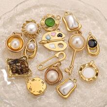 1件套不锈钢18K镀金极简风饰品板、别针、椭圆贝壳、仿珍珠吊坠DIY首饰项链耳环制作套装，适合日常佩戴，不锈钢吊坠 - 吊墜14 - 查看 2