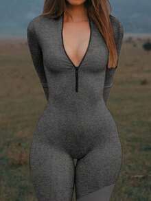 Mystra 女士休闲撞色罗纹拉链连体裤 - 深花灰 - 查看 4