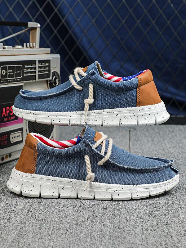 New Men's Blue Denim Mesh With Brown Leather Patchwork, Stylish And Personalized Flat Slip-On Shoes, Suitable For Business, Casual, And Outdoor Hiking. Soft-Soled, Lightweight, Durable, Dirt-Resistant, And Breathable. Ideal For Daily Outings, Outdoor Travel, Work, Holiday Parties, And As A Gift.