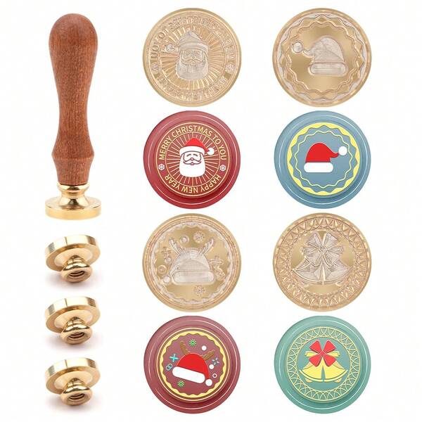 Reindeer-Antler-Adorned Santa Hats, Christmas Bells, Santa Claus Motifs, Noel Wax Seal Stamps, And Rosewood Handle Sets Paired With "MERRY CHRISTMAS" And "HAPPY NEW YEAR" Inscriptions. Featuring Vintage Removable Wooden Handles, Ideal For Sealing Christmas And New Year Invitations And Gift Packaging.