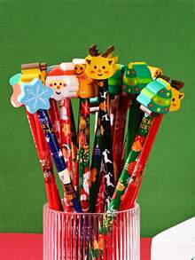 12pcs Christmas Big Leather Pencil, Cartoon Kindergarten Elementary School Students Can Eraser Christmas Prize Gift