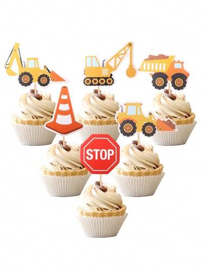 24pcs Construction Theme Cupcake Toppers, Including Parking Sign, Garbage Truck, Excavator, Tractor Designs, Perfect For Party Cakes And Food Decoration, Suitable For Construction Theme Events, Gifts, Birthday Parties, Birthday Cake Decor. Happy Birthday!