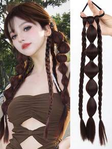 1PC Synthetic New Chinese Style Long Straight Hair Natural Lantern Bubble Braid Plait Ponytail Wig With Rubber Band Natural Fashion For Girls Kids Sweet CoolLong Braid Lantern Boxing High Ponytail - Multicolor - View 11