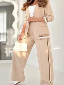 New Women's Elegant And Casual Two-Piece Suit Set, Featuring A Long-Sleeved Lapel Blazer And Side-Striped Wide-Leg Trousers. Machine Washable, Suitable For Office Wear. - 卡其色 - 查看 5