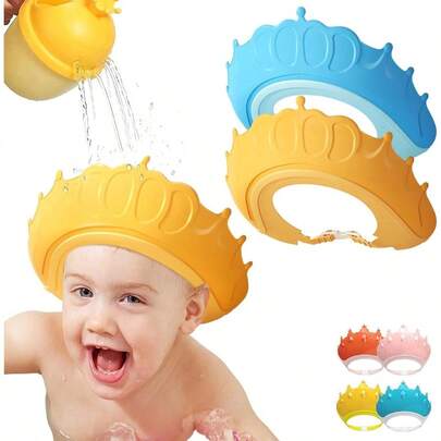 2 Piezas Gorro de Baño para Niños Gorro de Ducha Impermeable para Niños Gorro de Lavado de Silicona con Protección para Los Oídos y Los Ojos Longitud Ajustable Gorro de Ducha en Forma de Corona
