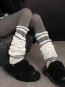 1 Pair Multicolor Korean Style Fair Isle Knit Leg Warmers For Women, Thick Knit Snowflake Design, Slimming & Warm, Grey, Cozy - Multicolor - View 5