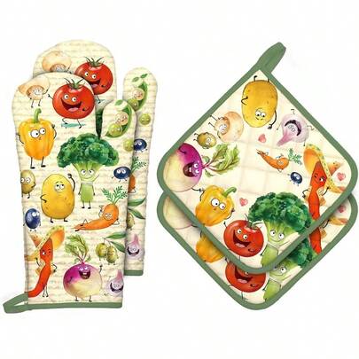 Vegetables Oven Mitts And Pot Holders - Cotton, Heat Resistant Long Oven Gloves Hot Pads Cooking BBQ Grilling Baking, Set Of 4