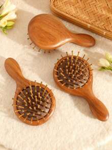1pc Sandalwood Air Cushion Massage Hair Brush, Minimalist Natural Wood Color, Compact & Portable, Soft Air Cushion Design, Suitable For Women, Travel & Gift - Brown - View 3